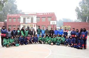 Basketball players attempt to score during the final of the inter-collegiate tournament at Government Group College, Chandni Chowk, where Reader College defeated Superior College to claim victory