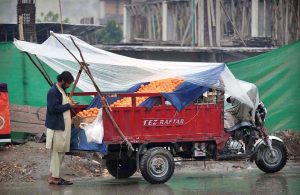A fruit vendor on a tri-wheeler sells citrus fruits while shielding himself and his produce with a plastic sheet during rain in the Provincial Capital.