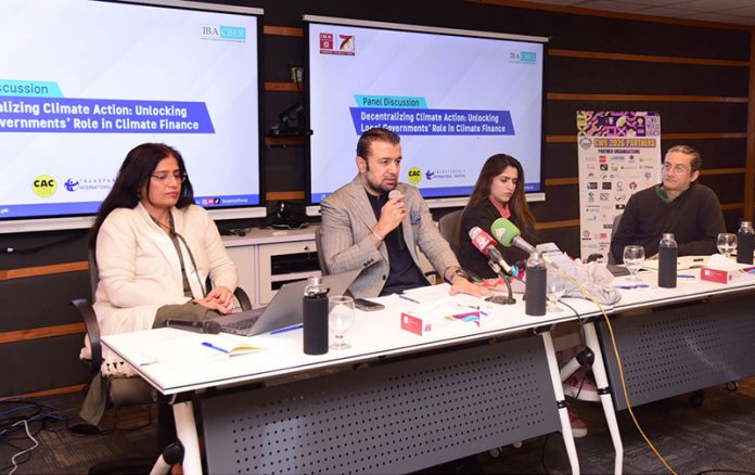 Advisor to Finance Minister Khurrum Shehzad speaking during a panel discussion on 'Improving Access, Data, and Local Decision-Making' at an event titled 'Decentralizing Climate Action: Unlocking Local Governments Role in Climate Finance' at IBA City Campus
