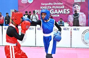 Students participate in boxing trials during the “Khelta Punjab Pink Games Trials” held at the sports gymnasium..