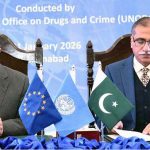Managing Director Pakistan Bait-ul-Mal Senator Capt. Shaheen Khalid Butt and National Coordinator, NACTA Jawad Ahmad Dogar signing an MoU aimed at assisting victims of terrorism, in a seminar organized by the United Nations Office on Drugs and Crime in Islamabad
