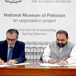 Federal Minister for National Heritage & Culture Mr. Aurangzeb Khan Khichi and President of AKU Dr. Sulaiman Shabuddin sign a Memorandum of Understanding (MoU) for the Upgradation Project of the National Museum of Pakistan at a ceremony held at Aga Khan University.
