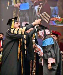 Governor Punjab and Chancellor University of Sargodha Sardar Saleem Haider Khan addresses the 12th Convocation at the university of Sargodha multipurpose hall.