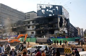 A view of Gul Plaza Mall, a shopping centre on Muhammad Ali Jinnah Road, which was destroyed in a major fire on 17 January. The blaze spread rapidly through the multistory commercial building, resulting in 73 deaths, numerous injuries and extensive damage.