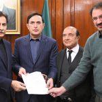 Speaker National Assembly Sardar Ayaz Sadiq hands over the official notification regarding the appointment of the Leader of the Opposition in the National Assembly to the delegation of Opposition Members at Parliament House in the federal capital
