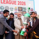 Dhirkot Premier League 2026 winning team captain Rehan Mehtab receiving the trophy from the Sardar Imran Aziz President Business Forum