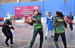 Students participate in boxing trials during the “Khelta Punjab Pink Games Trials” held at the sports gymnasium..