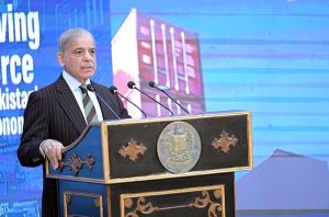 Prime Minister Muhammad Shehbaz Sharif addresses a ceremony to honor the services of leading exporters from all over the country