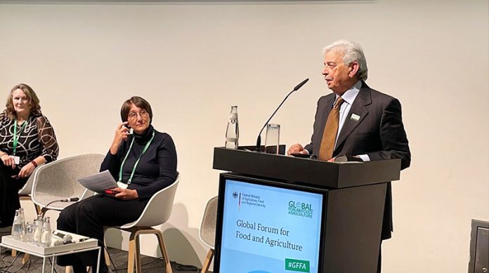 Federal Minister for National Food Security and Research, Rana Tanveer Hussain, addressing the Global Forum for Food and Agriculture (GFFA) 2026 in Berlin, highlighting Pakistan’s commitment to water resilience, sustainable agriculture, and food security
