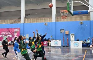 Students participate in boxing trials during the “Khelta Punjab Pink Games Trials” held at the sports gymnasium..