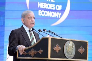 Prime Minister Muhammad Shehbaz Sharif addresses a ceremony to honor the services of leading exporters from all over the country