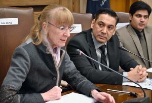 German Ambassador to Pakistan Ina Lepel addresses the business community at the Chamber of Commerce While SVP SCCI Muhammad Murad Arshad, Vp Suleiman Sheikh also present