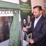 Federal Minister for National Health Services, Regulations and Coordination Syed Mustafa Kamal unveiling a plaque to inaugurate 1st Digitized Healthcare Center of city under the Federal Healthcare Digitalization Program