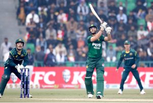 Australian wicket keeper Josh lnglis catch the Pakistani batsman Sahibzada Farhan ball by Kuhnemann during the second Twenty20 international cricket match between Pakistan and Australia at the Gaddafi Cricket Stadium
