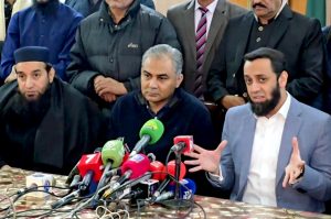 Federal Minister for Information and Broadcasting Attaullah Tarar along with Interior Minister Mohsin Naqvi talks to media personnel at Jamia Ashrafia