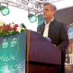Provincial Minister for Transport Bilal Akbar speaks at the inauguration ceremony of the Green Electric Bus Service at Dring Stadium.