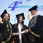Vice Chancellor QAU Dr Niaz Ahmad along with Principal Prof Rozina Faheem awarding degree to student in 4th Convocation of Institute of Home Economics Art and design college F11