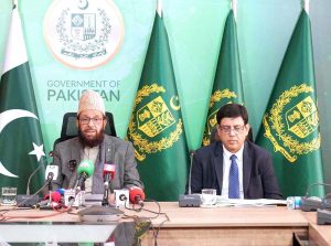 Federal Minister for Religious Affairs and Inter-Faith Harmony Sardar Muhammad Yousaf addressing press conference. Secretary Ministry of Religious Affairs Dr. Sajid Mehmood Chauhan also accompanied the Minister.