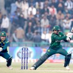 Pakistan’s batter Usman Khan plays a shot during the second Twenty20 international cricket match between Pakistan and Australia at the Gaddafi Stadium