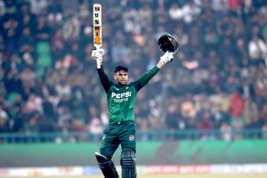 Pakistan’s batter Usman Khan plays a shot during the second Twenty20 international cricket match between Pakistan and Australia at the Gaddafi Stadium