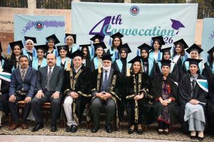 Vice Chancellor QAU Dr Niaz Ahmad along with Principal Prof Rozina Faheem awarding degree to student in 4th Convocation of Institute of Home Economics Art and design college F11