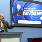 Chairman Prime Minister’s Youth Programme, Rana Mashhood Ahmad Khan, addressing to the students at the Prime Minister’s Youth Laptop Awarding Ceremony in Lahore College Women University.