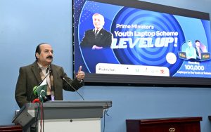 Chairman Prime Minister’s Youth Programme, Rana Mashhood Ahmad Khan, addressing to the students at the Prime Minister’s Youth Laptop Awarding Ceremony in Lahore College Women University.