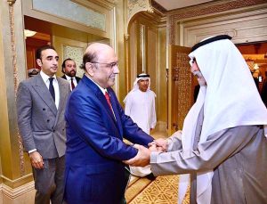 President Asif Ali Zardari shaking hands with H.E. Sheikh Nahyan bin Mubarak Al Nahyan, UAE Minister of Tolerance and Coexistence.