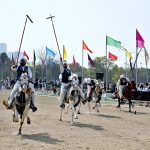 Players in action during tent pegging, one of Pakistan’s most popular traditional sports, at the two-day Pakistan Tourism, Sports and Family Festival organized by the Pakistan Tourism Development Corporation (PTDC) at F-9 Park