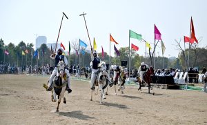 Players in action during tent pegging, one of Pakistan’s most popular traditional sports, at the two-day Pakistan Tourism, Sports and Family Festival organized by the Pakistan Tourism Development Corporation (PTDC) at F-9 Park