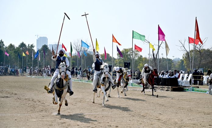 Players in action during tent pegging, one of Pakistan’s most popular traditional sports, at the two-day Pakistan Tourism, Sports and Family Festival organized by the Pakistan Tourism Development Corporation (PTDC) at F-9 Park