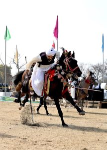 Players in action during tent pegging, one of Pakistan’s most popular traditional sports, at the two-day Pakistan Tourism, Sports and Family Festival organized by the Pakistan Tourism Development Corporation (PTDC) at F-9 Park