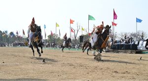 Players in action during tent pegging, one of Pakistan’s most popular traditional sports, at the two-day Pakistan Tourism, Sports and Family Festival organized by the Pakistan Tourism Development Corporation (PTDC) at F-9 Park