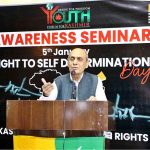 Member of National Assembly Ahmed Saleem Siddiqui addresses an awareness seminar on Kashmir’s Right to Self-Determination Day, titled “Kashmir: A Global Human Rights Commitment,” organized by Desire for Freedom Youth Forum for Kashmir at We Trust – Pakistan Workers Training & Education Trust, Gulshan-e-Iqbal