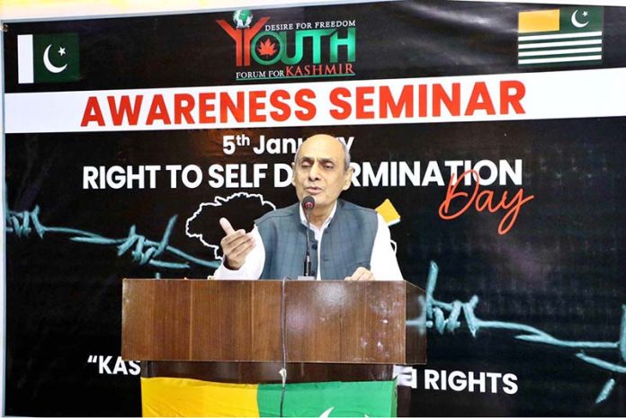 Member of National Assembly Ahmed Saleem Siddiqui addresses an awareness seminar on Kashmir’s Right to Self-Determination Day, titled “Kashmir: A Global Human Rights Commitment,” organized by Desire for Freedom Youth Forum for Kashmir at We Trust – Pakistan Workers Training & Education Trust, Gulshan-e-Iqbal