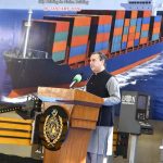 Federal Minister for Maritime Affairs Muhammad Junaid Anwar Chaudhry addressing the ceremony marking the launch of construction of a container vessel at Karachi Shipyard