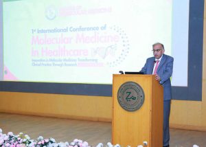 Sindh Higher Education Commission chairman Dr SM Tariq Rafi addressing to International Conference at Ziauddin University