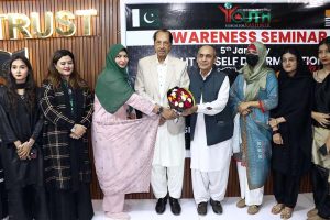 Member of National Assembly Ahmed Saleem Siddiqui addresses an awareness seminar on Kashmir’s Right to Self-Determination Day, titled “Kashmir: A Global Human Rights Commitment,” organized by Desire for Freedom Youth Forum for Kashmir at We Trust – Pakistan Workers Training & Education Trust, Gulshan-e-Iqbal