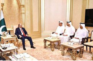 President Asif Ali Zardari in a meeting with Captain Mohamed Juma Al Shamisi, Managing Director and Group CEO of AD Ports Group, accompanied by First Lady Aseefa Bhutto Zardari, PPP Chairman Bilawal Bhutto Zardari, and the Pakistan Ambassador to the UAE.