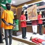 Students perform a tableau on the occasion of Kashmir’s Right to Self-Determination Day (January 5) titled “Kashmir: A Global Human Rights Commitment,” organized by Desire for Freedom Youth Forum for Kashmir