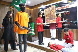 Students perform a tableau on the occasion of Kashmir’s Right to Self-Determination Day (January 5) titled “Kashmir: A Global Human Rights Commitment,” organized by Desire for Freedom Youth Forum for Kashmir