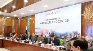 Federal Minister for Planning, Development and Special Initiatives, Ahsan Iqbal, chairing the Mid-Year Review Meeting of the Annual Plan 2025–2026.