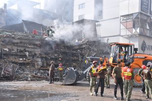 Rescue workers continue to search for missing people in the rubble of Gul Plaza, which collapsed after a devastating fire broke out, killing more than 60 people and leaving dozens missing under the rubble