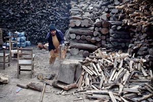 A man cutting wood into pieces for selling purpose at his workplace in the Provincial Capital