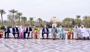 President Asif Ali Zardari in a meeting with Sheikh Mohammed bin Rashid Al Maktoum, Vice President and Prime Minister of the United Arab Emirates and Ruler of Dubai, with First Lady Bibi Aseefa Bhutto Zardari, Chairman Pakistan People’s Party Bilawal Bhutto Zardari, and Interior Minister Mohsin Naqvi.