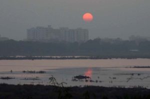 A view of the sunset in the city