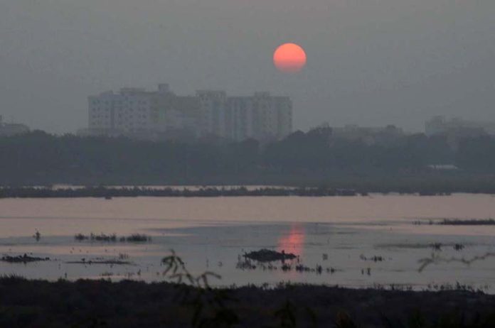 A view of the sunset in the city