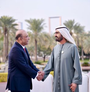 President Asif Ali Zardari shaking hands with Sheikh Mohammed bin Rashid Al Maktoum, Vice President and Prime Minister of the United Arab Emirates and Ruler of Dubai.