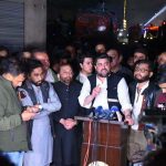 Sindh Governor Kamran Khan Tessori talks to the media about rescue operation regarding Gul Plaza, senior leader of the Muttahida Qaumi Movement-Pakistan, Dr. Farooq Sattar, is also present.