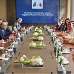 President Asif Ali Zardari being briefed by the Economic Development Board of Bahrain, in the presence of Deputy Prime Minister of Bahrain Shaikh Khalid bin Abdulla Al Khalifa